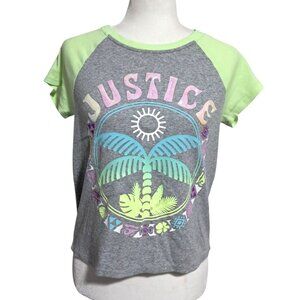Justice Girls XL Gray &‎ Green Raglan Crop Top With Sequin Lettering & Palm Tree